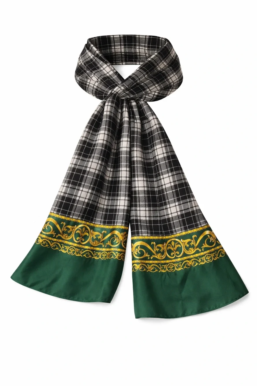 Plaid Neck Scarf Green Gold Baroque Trim Equestrian Preppy Dark Academia